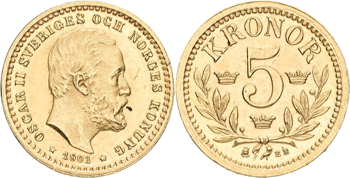 OSKAR II (1872-1907). 5 kronor 1901