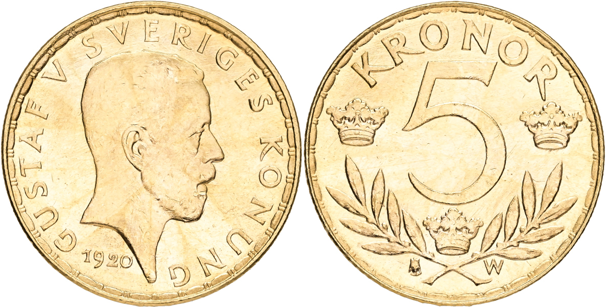 GUSTAV V (1907-1950). 5 kronor 1920