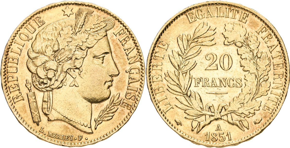 FRANKRIKE / FRANCE. 20 francs 1851