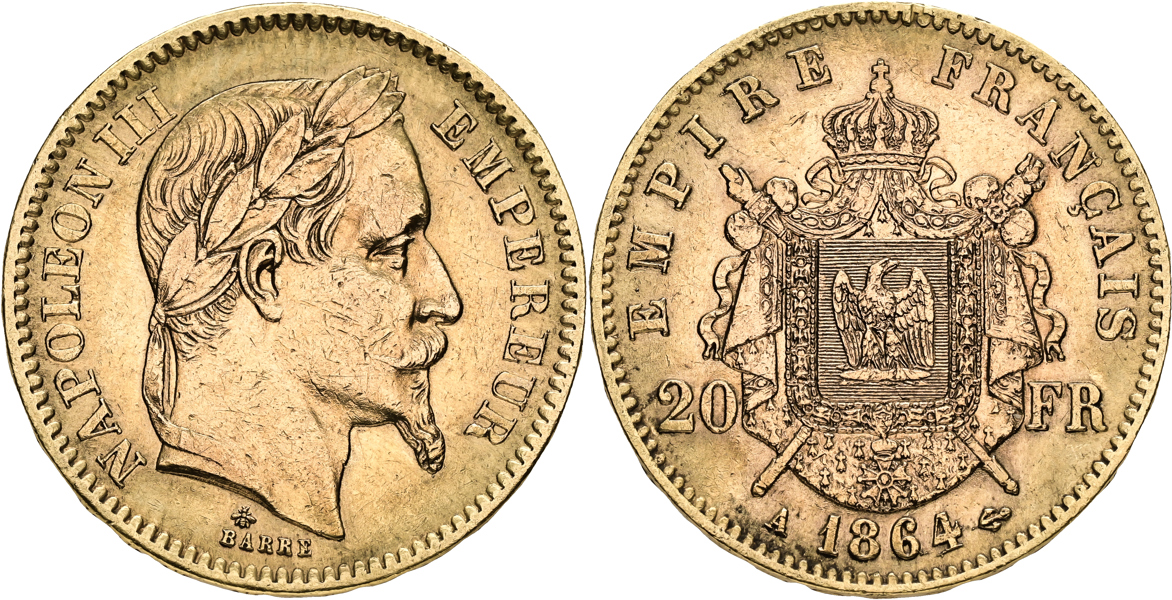 FRANKRIKE / FRANCE. 20 francs 1864