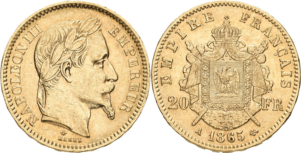 FRANKRIKE / FRANCE. 20 francs 1865