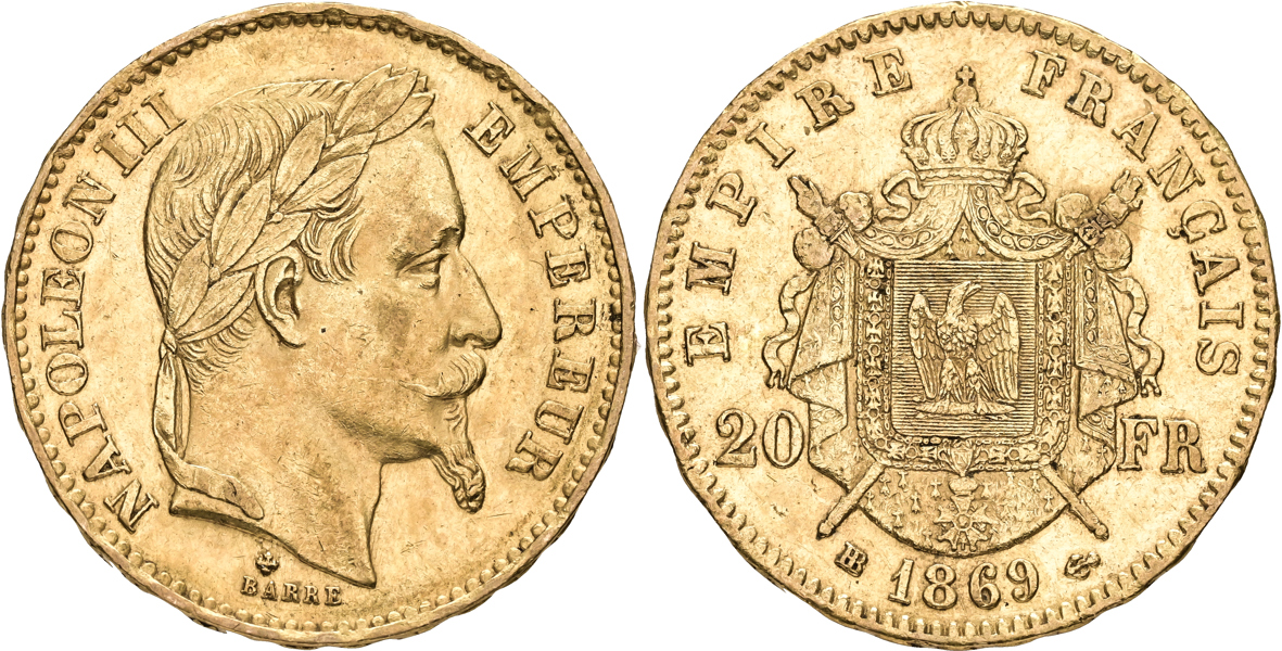 FRANKRIKE / FRANCE. 20 francs 1869