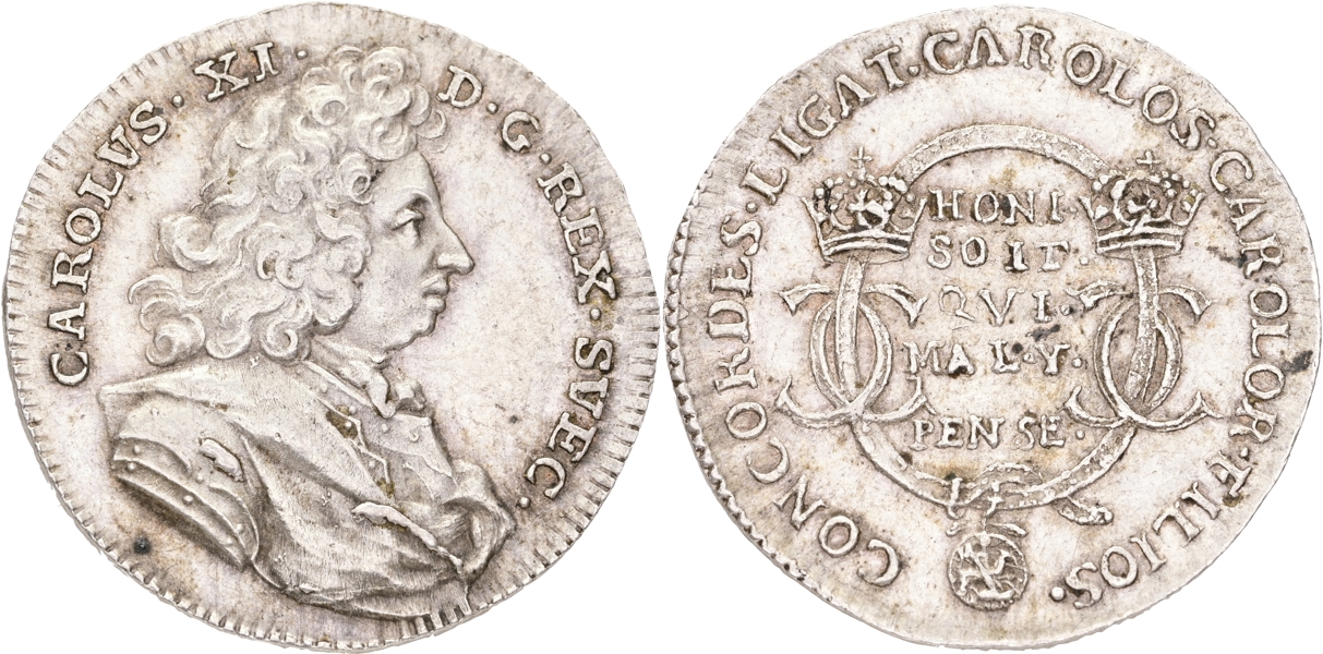 KARL XI (1660-1697). Kungen mottager Strumpebandsorden