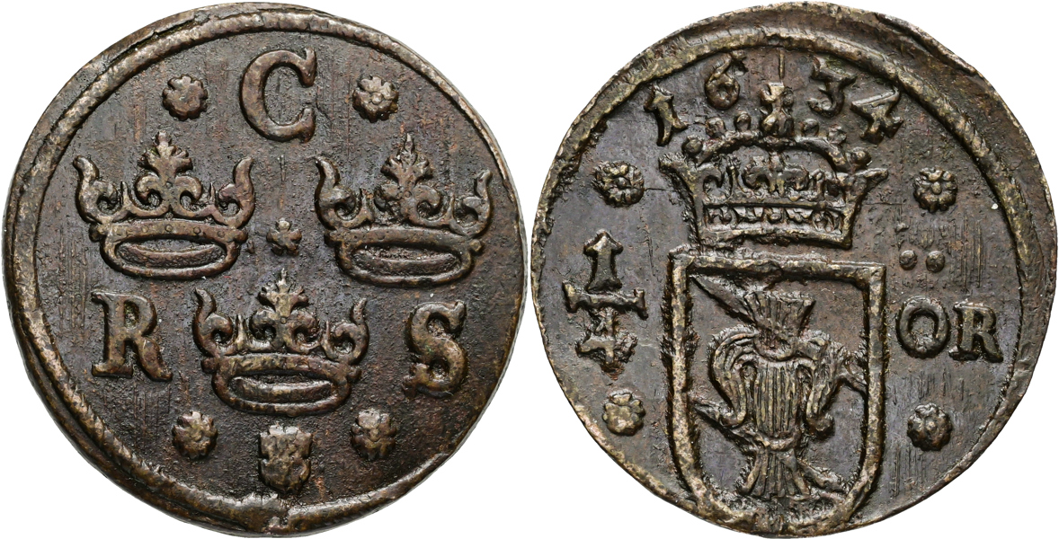 KRISTINA (1632-1654). 1/4 öre 1634