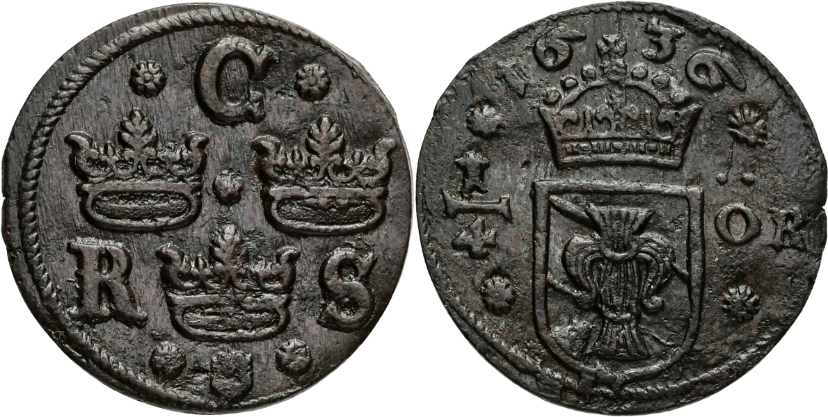 KRISTINA (1632-1654). 1/4 öre 1636