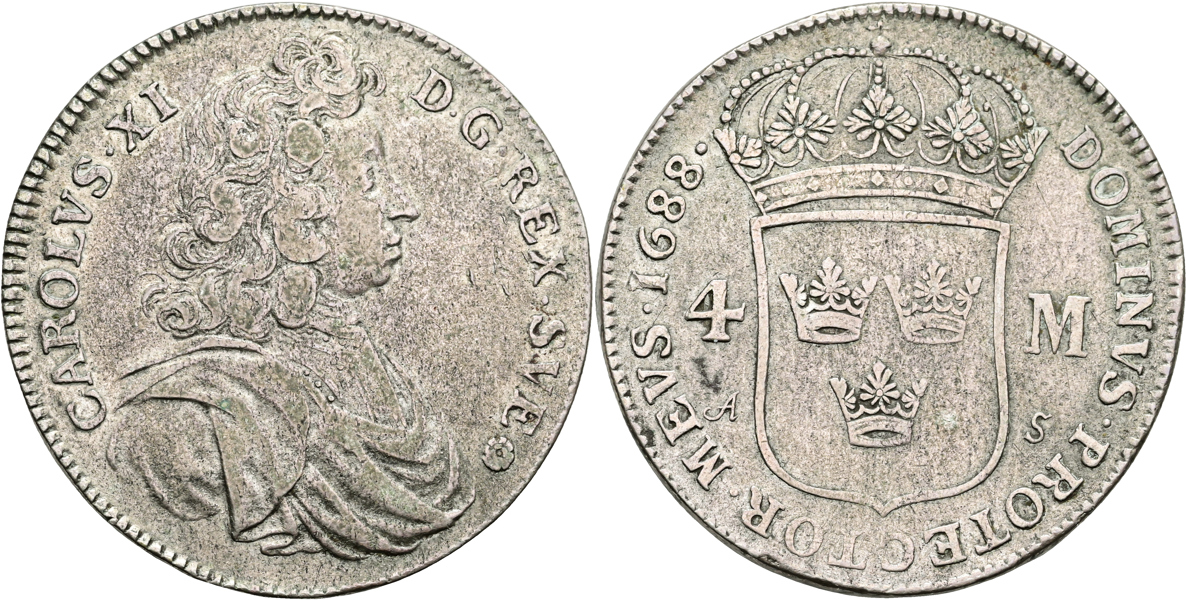 KARL XI (1660-1697). 4 mark 1688