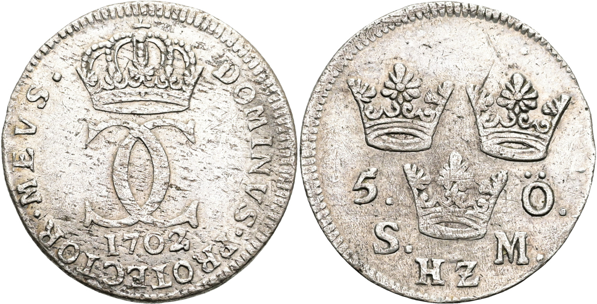KARL XII (1697-1718). 5 öre 1702
