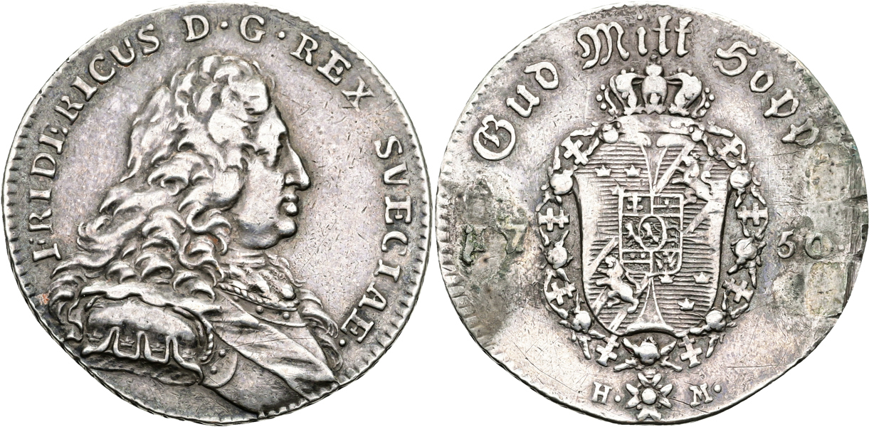 FREDRIK (1720-1751). 1/4 riksdaler 1750