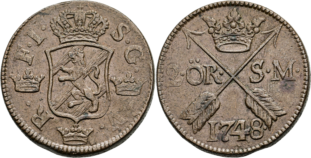 FREDRIK (1720-1751). 2 öre SM 1748