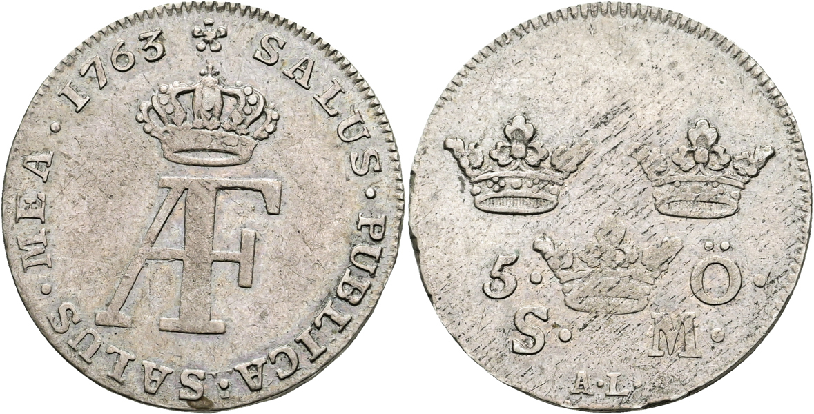 ADOLF FREDRIK (1751-1771). 5 öre 1763