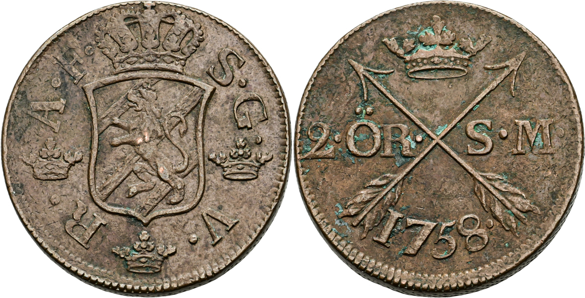 ADOLF FREDRIK (1751-1771). 2 öre SM 1758
