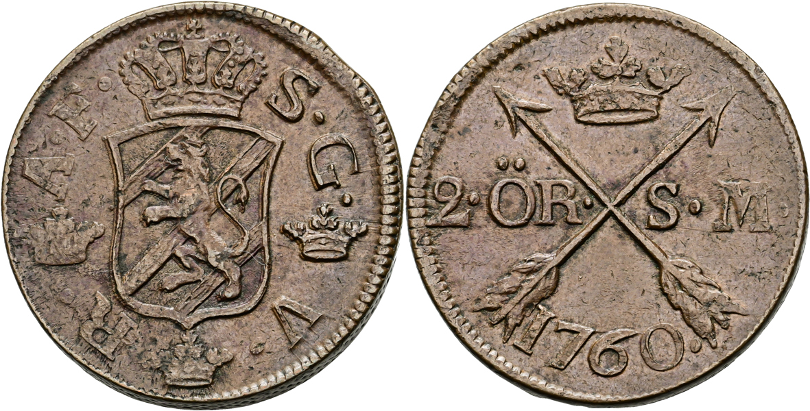 ADOLF FREDRIK (1751-1771). 2 öre SM 1760