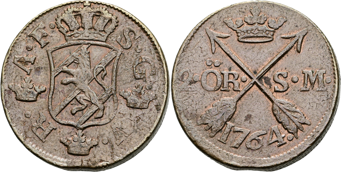 ADOLF FREDRIK (1751-1771). 2 öre SM 1764