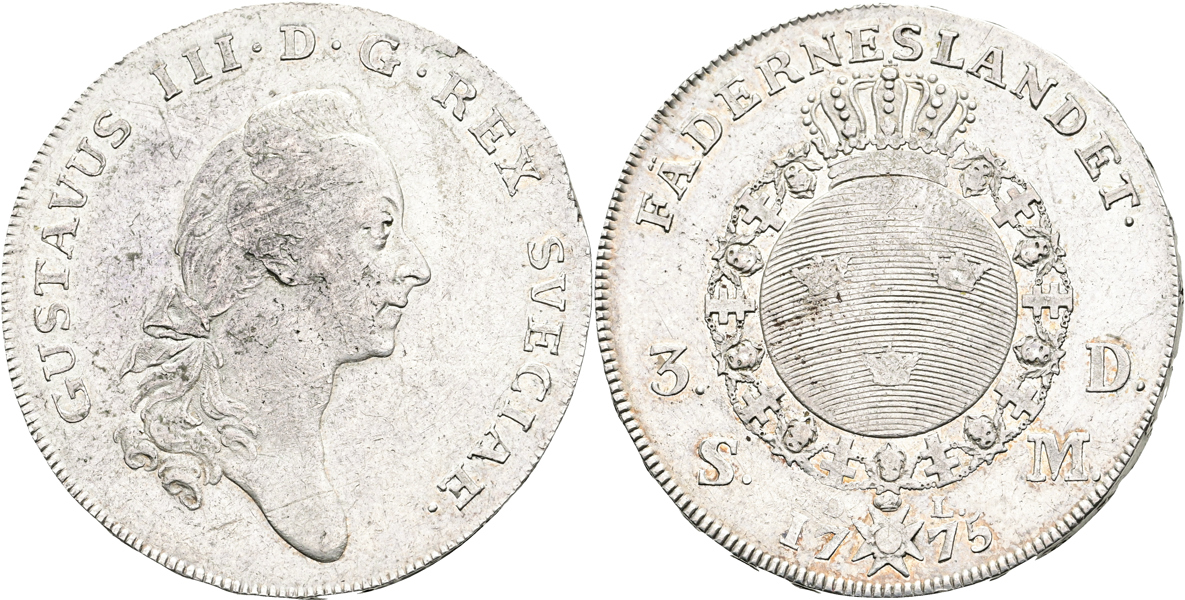 GUSTAV III (1771-1792). 3 daler SM (riksdaler) 1775