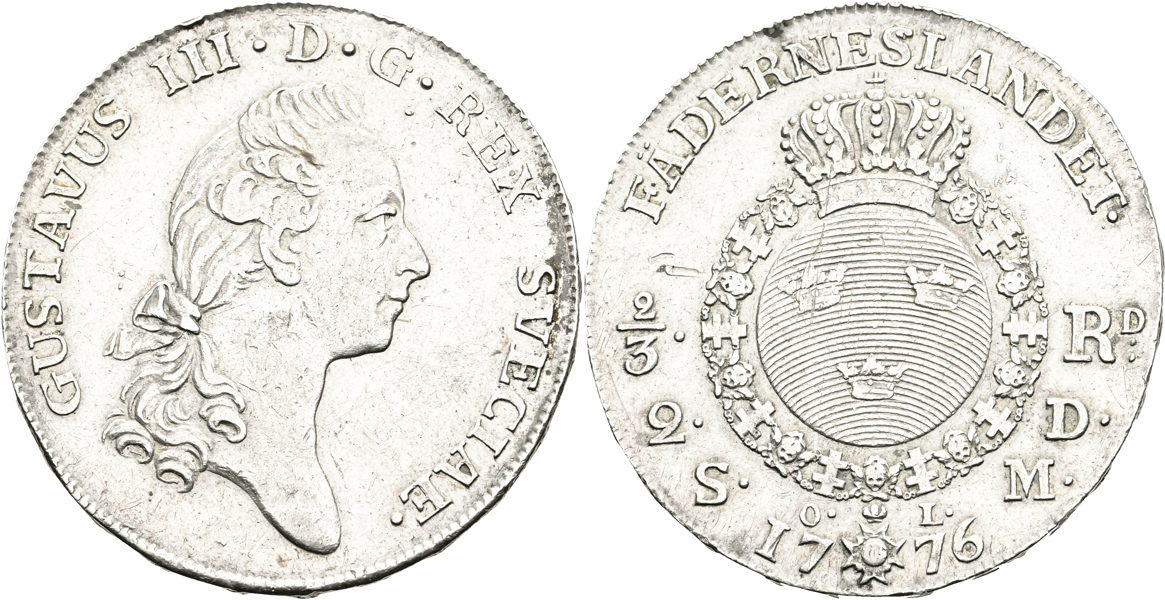 GUSTAV III (1771-1792). 2/3 riksdaler (2 daler SM) 1776