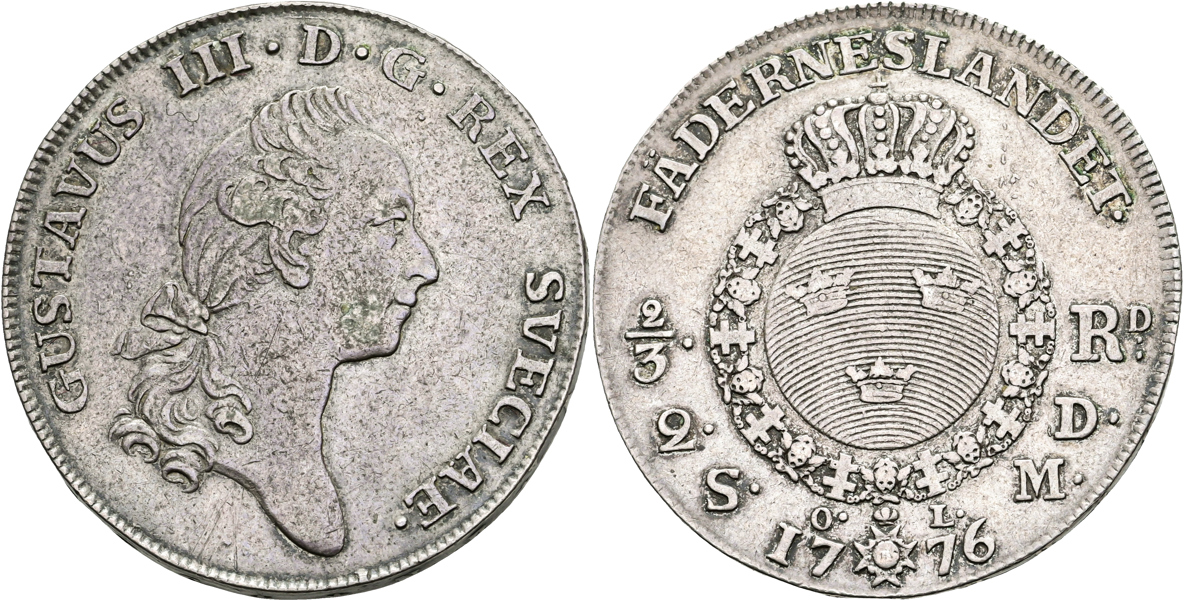 GUSTAV III (1771-1792). 2/3 riksdaler (2 daler SM) 1776