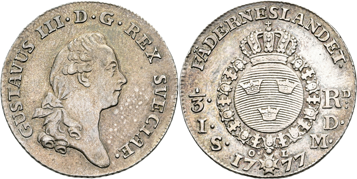 GUSTAV III (1771-1792). 1/3 riksdaler 1777