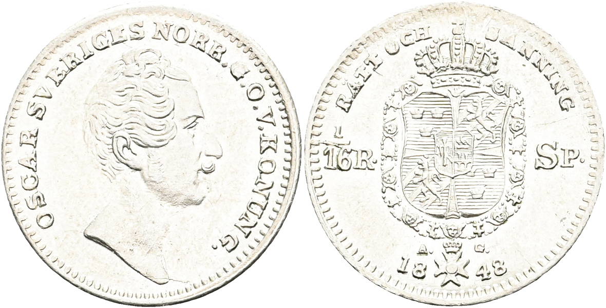 OSKAR I (1844-1859). 1/16 riksdaler specie 1848