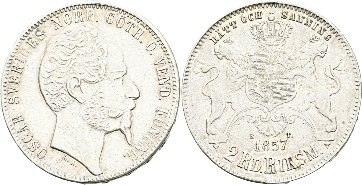 OSKAR I (1844-1859). 2 riksdaler riksmynt 1857