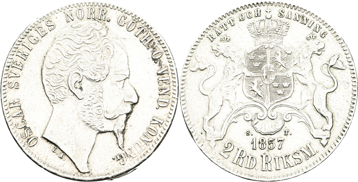 OSKAR I (1844-1859). 2 riksdaler riksmynt 1857