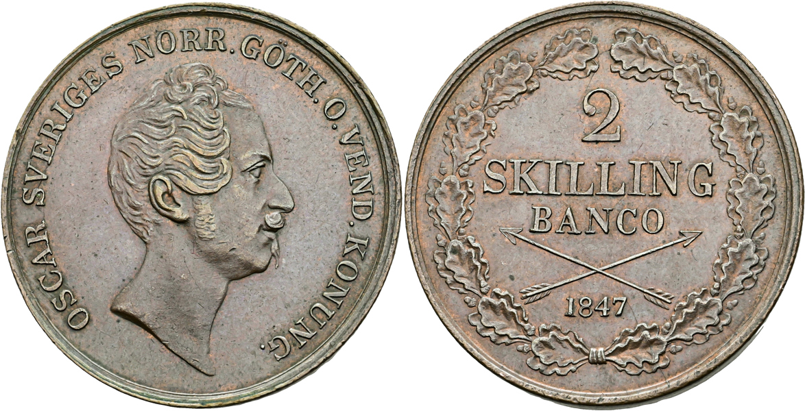 OSKAR I (1844-1859). 2 skilling banco 1847