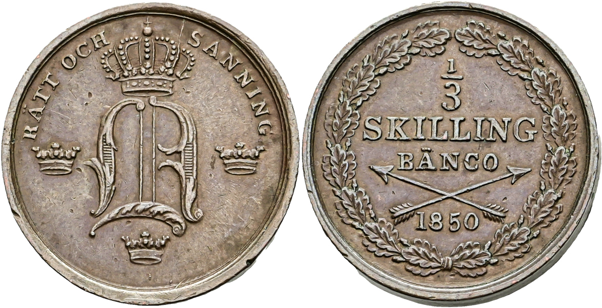 OSKAR I (1844-1859). 1/3 skilling banco 1850