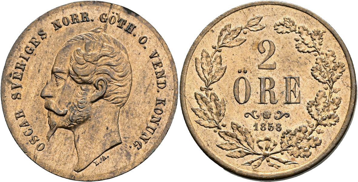 OSKAR I (1844-1859). 2 öre 1858
