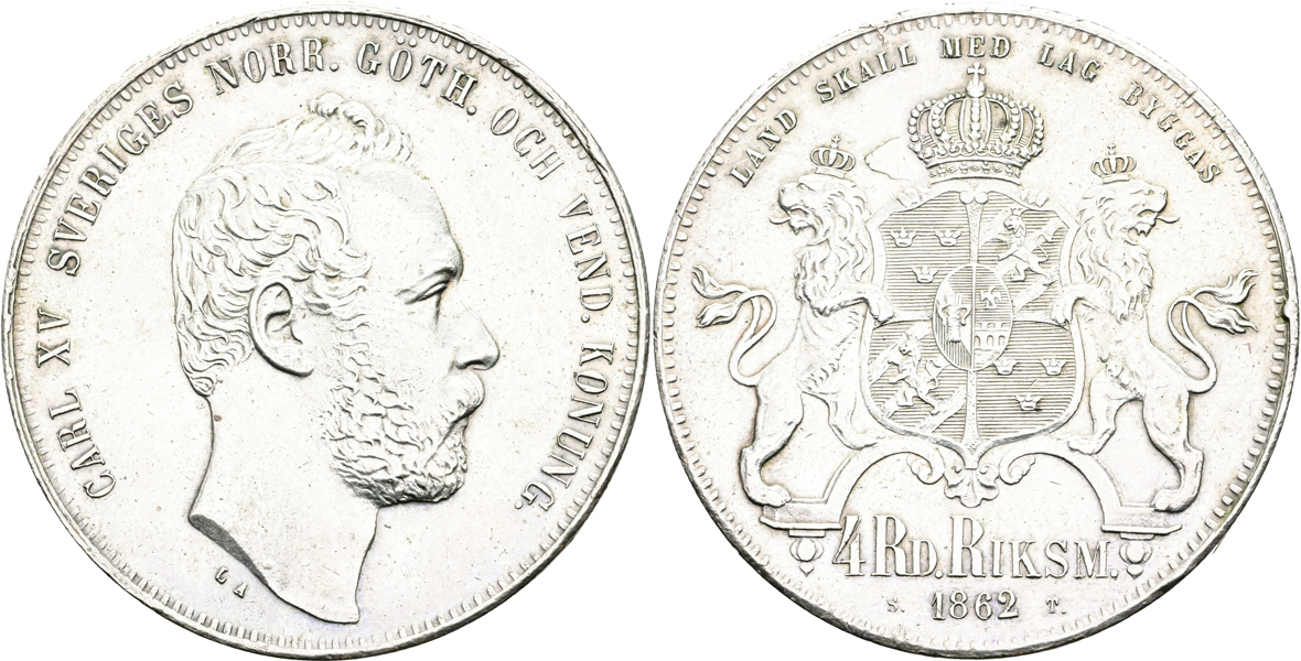 KARL XV (1859-1872). 4 riksdaler riksmynt 1862