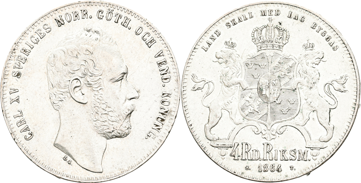 KARL XV (1859-1872). 4 riksdaler riksmynt 1864