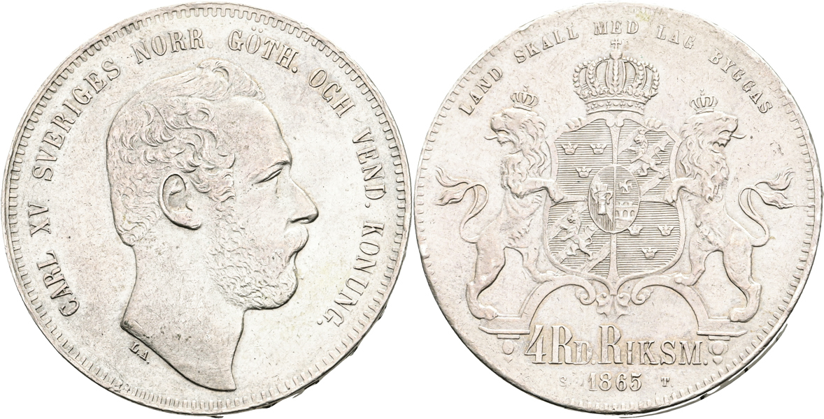 KARL XV (1859-1872). 4 riksdaler riksmynt 1865