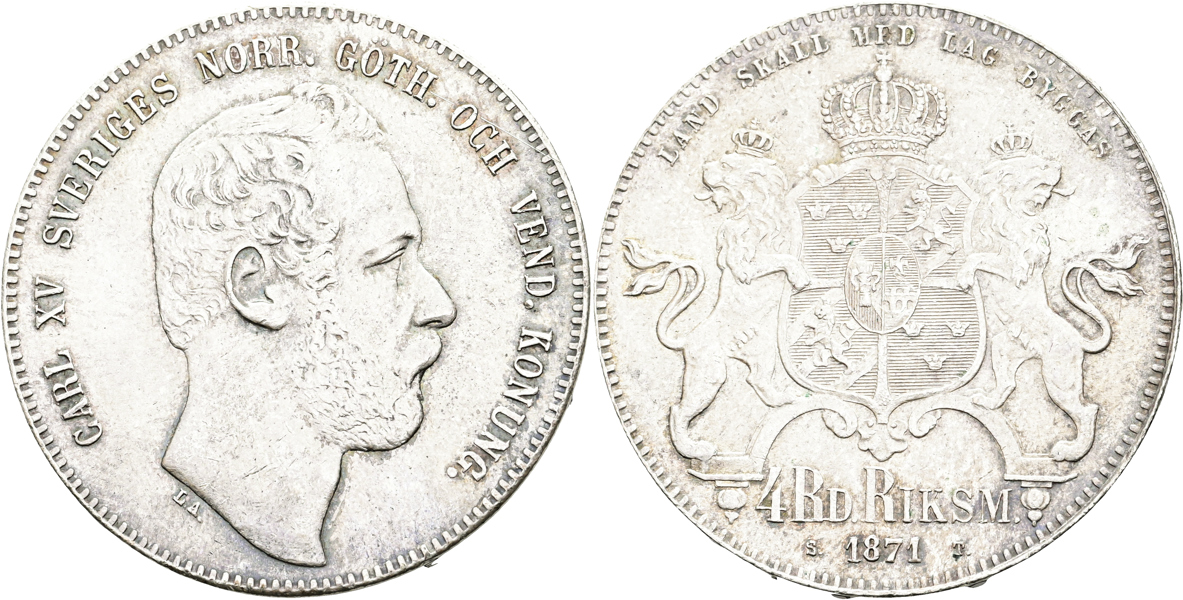 KARL XV (1859-1872). 4 riksdaler riksmynt 1871