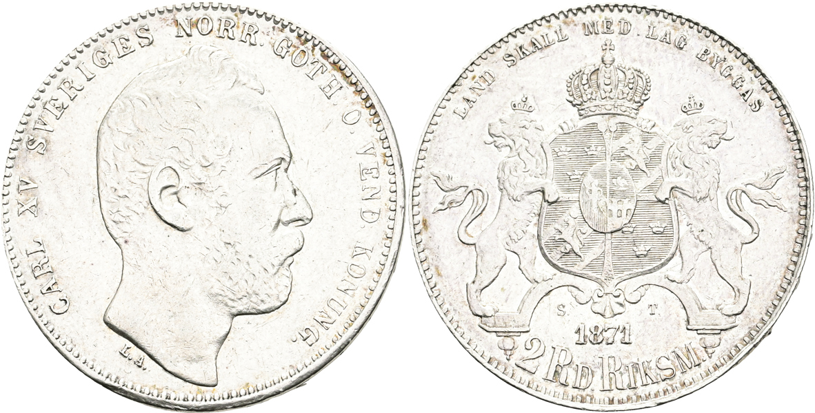 KARL XV (1859-1872). 2 riksdaler riksmynt 1871