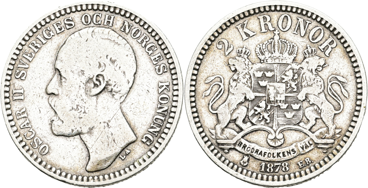 OSKAR II (1872-1907). 2 kronor 1878