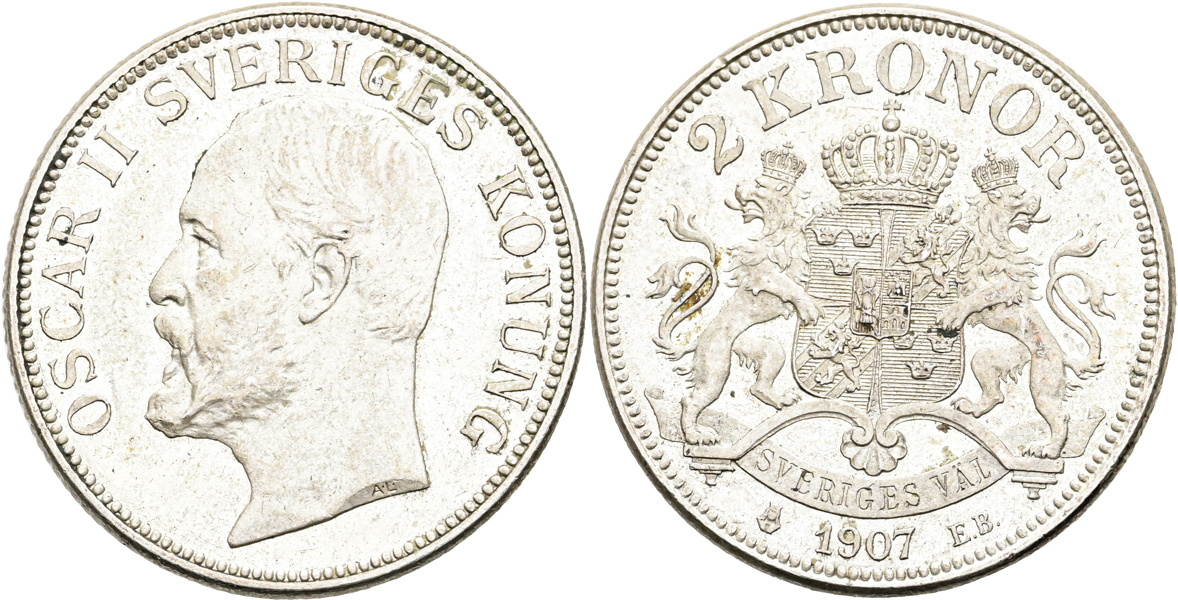 OSKAR II (1872-1907). 2 kronor 1907