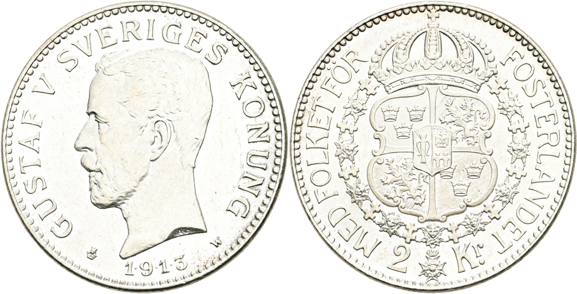 GUSTAV V (1907-1950). 2 kronor 1913