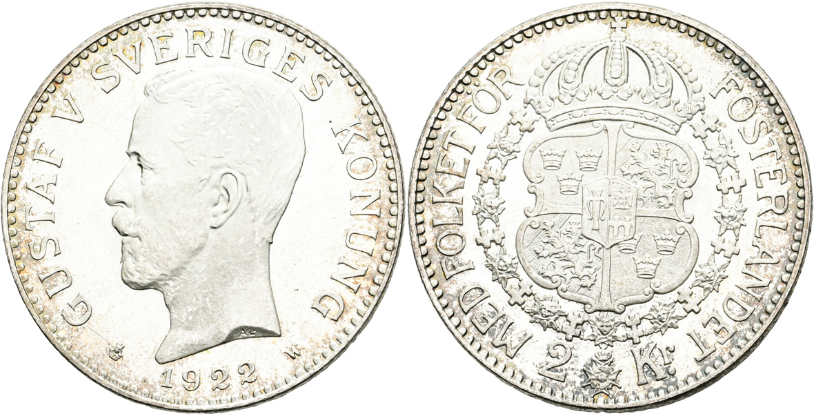 GUSTAV V (1907-1950). 2 kronor 1922