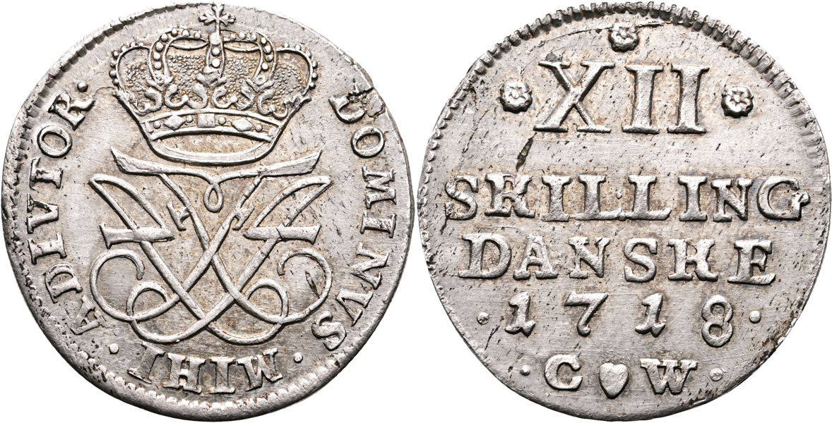 DANMARK/DENMARK. 12 skilling 1718