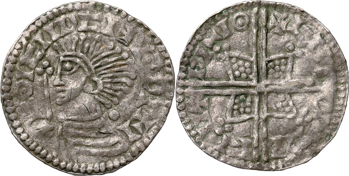 SLAVISKA IMITATIONER. Denar/Penny. Bust left with sceptre )( Voided cross over square with trefoil at each corner