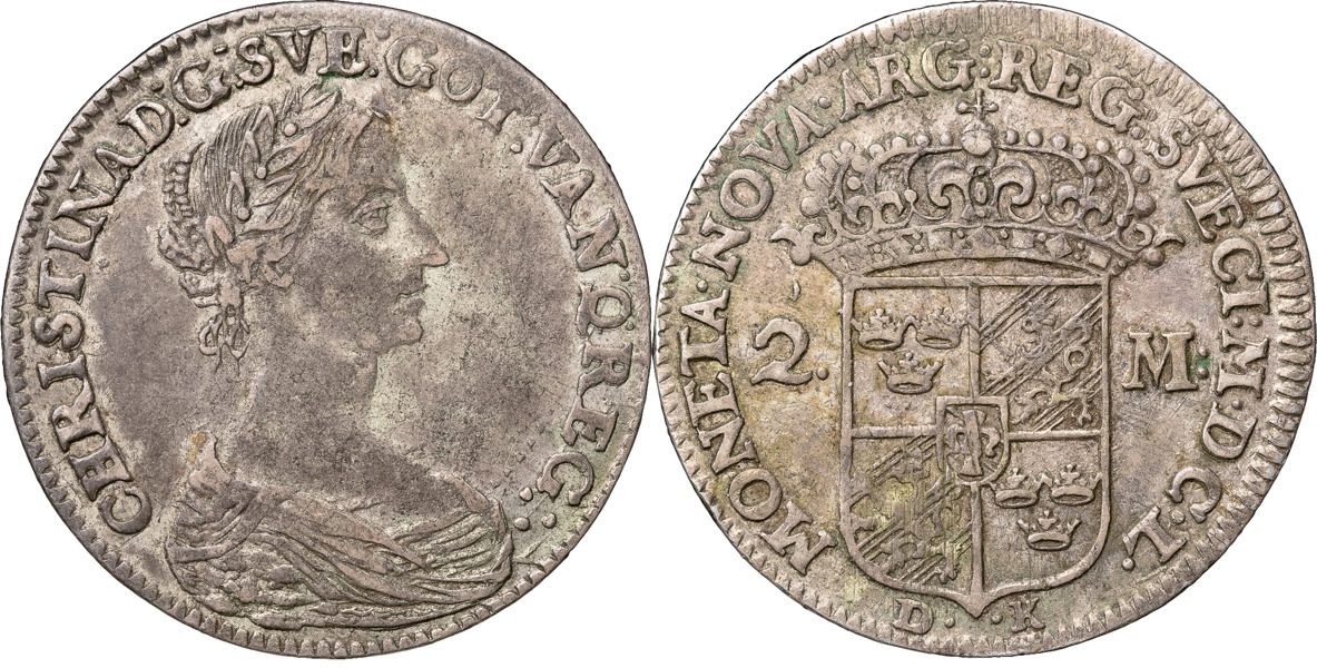 KRISTINA (1632-1654). STOCKHOLM. 2 mark 1650