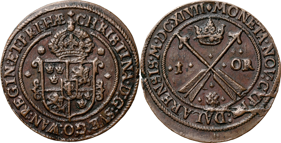 KRISTINA (1632-1654). AVESTA. Öre 1647