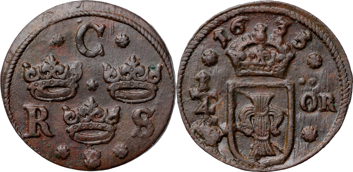 KRISTINA (1632-1654). SÄTER. 1/4 öre 1635