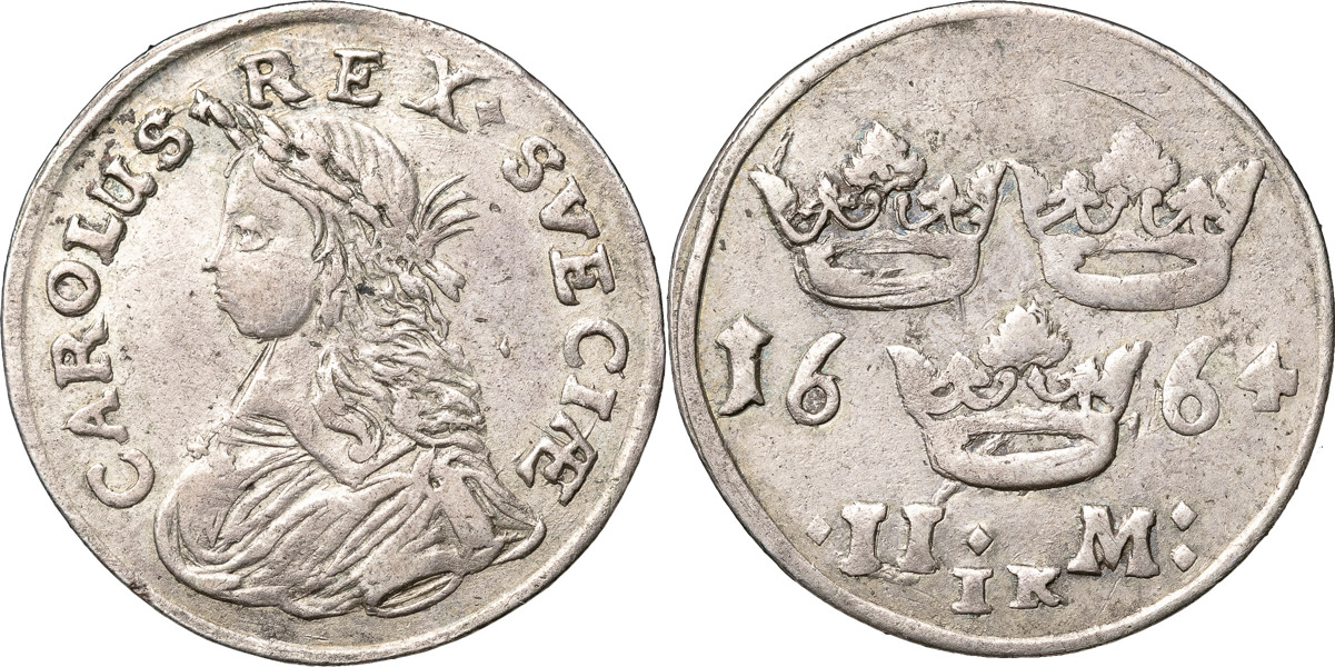 KARL XI (1660-1697). STOCKHOLM. 2 mark 1664