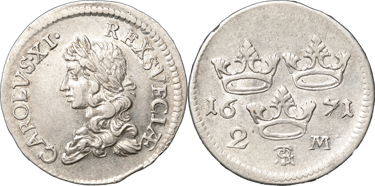 KARL XI (1660-1697). STOCKHOLM. 2 mark 1671