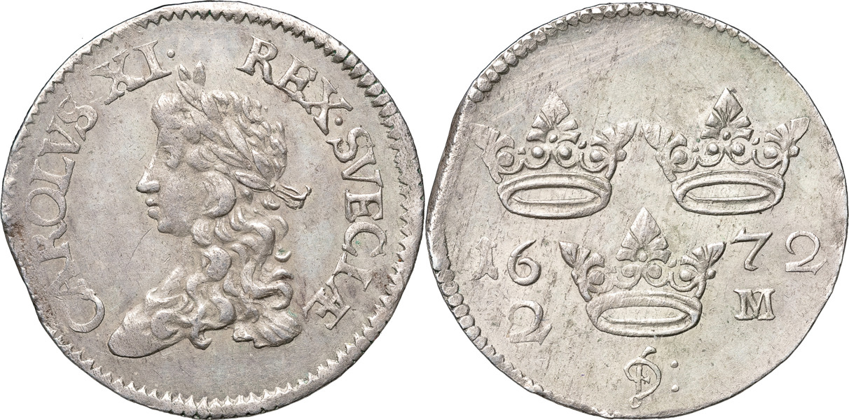KARL XI (1660-1697). STOCKHOLM. 2 mark 1672