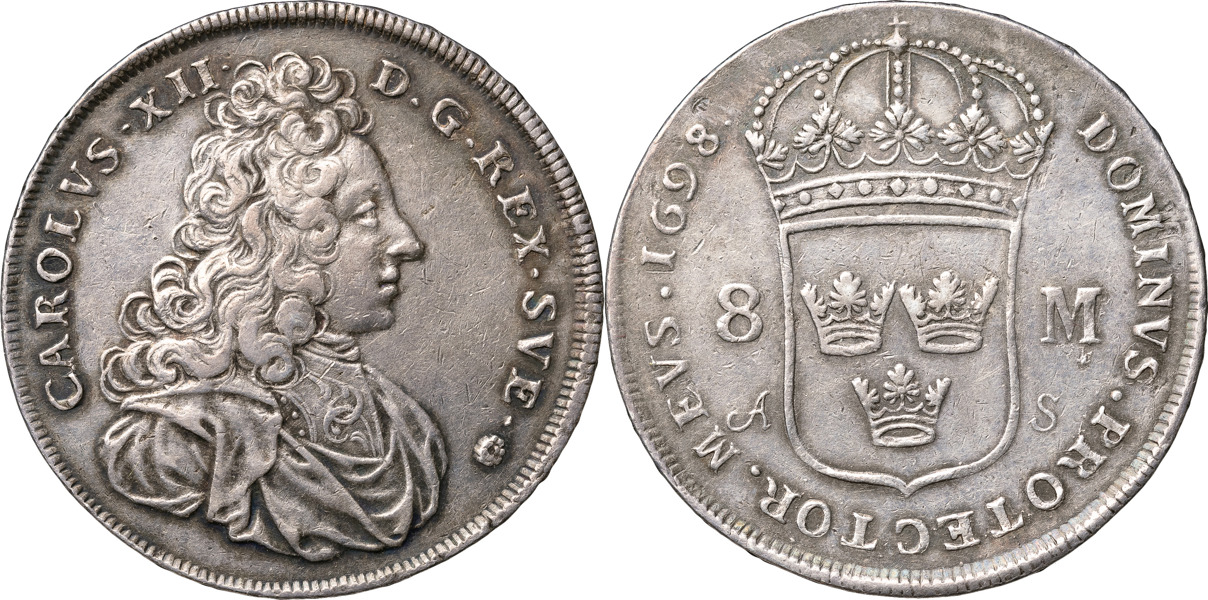KARL XII (1697-1718). STOCKHOLM. 8 mark 1698