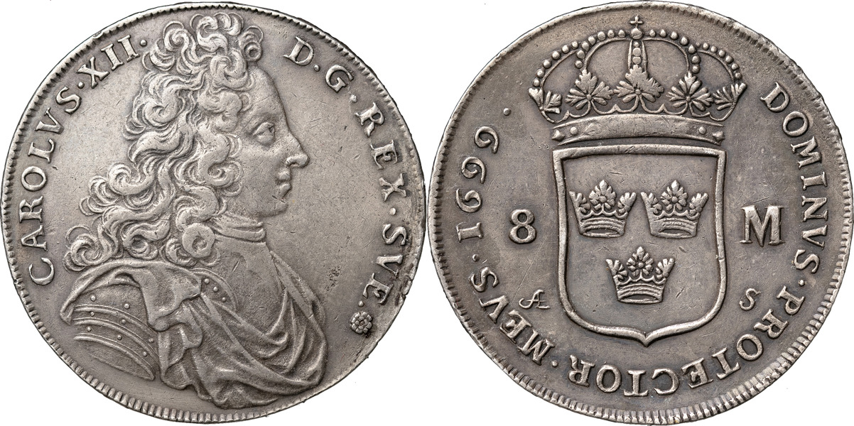 KARL XII (1697-1718). STOCKHOLM. 8 mark 1699