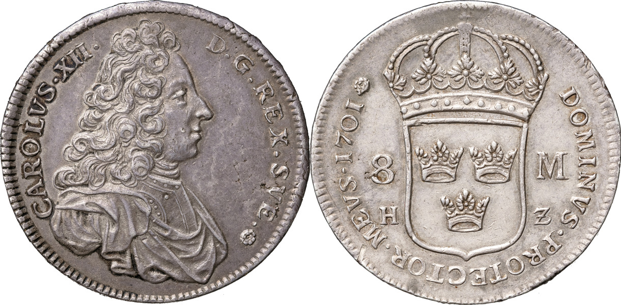 KARL XII (1697-1718). STOCKHOLM. 8 mark 1701
