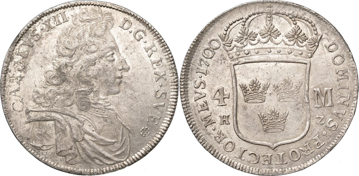 KARL XII (1697-1718). STOCKHOLM. 4 mark 1700