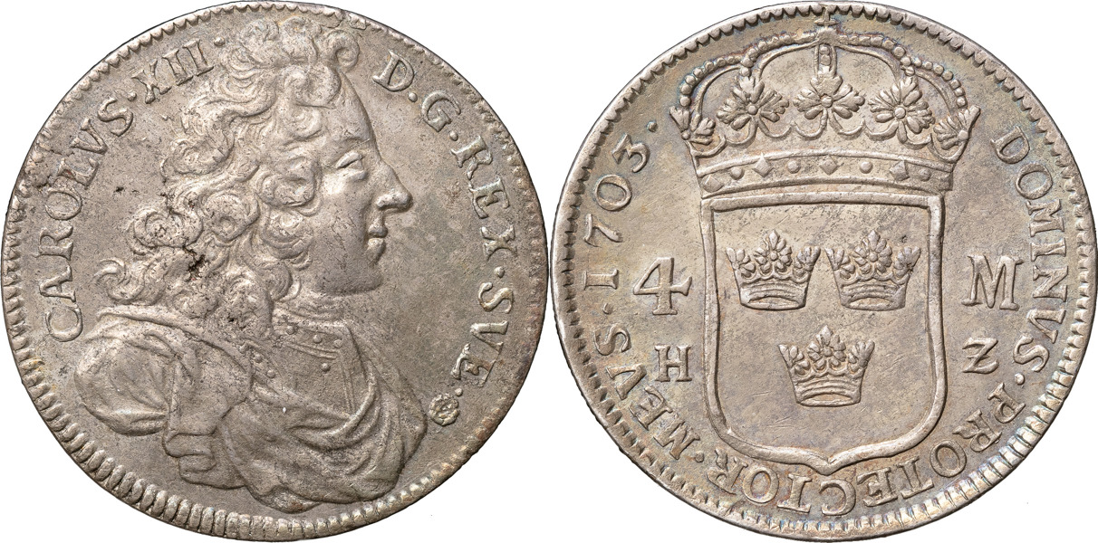 KARL XII (1697-1718). STOCKHOLM. 4 mark 1703