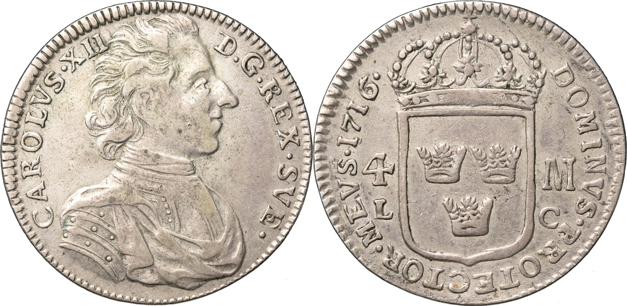 KARL XII (1697-1718). STOCKHOLM. 4 mark 1716
